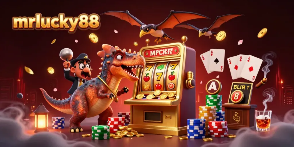 Watch as mrlucky88 comes to life with a pachycephalosaurus triggering a jackpot payout amidst vibrant casino elements.