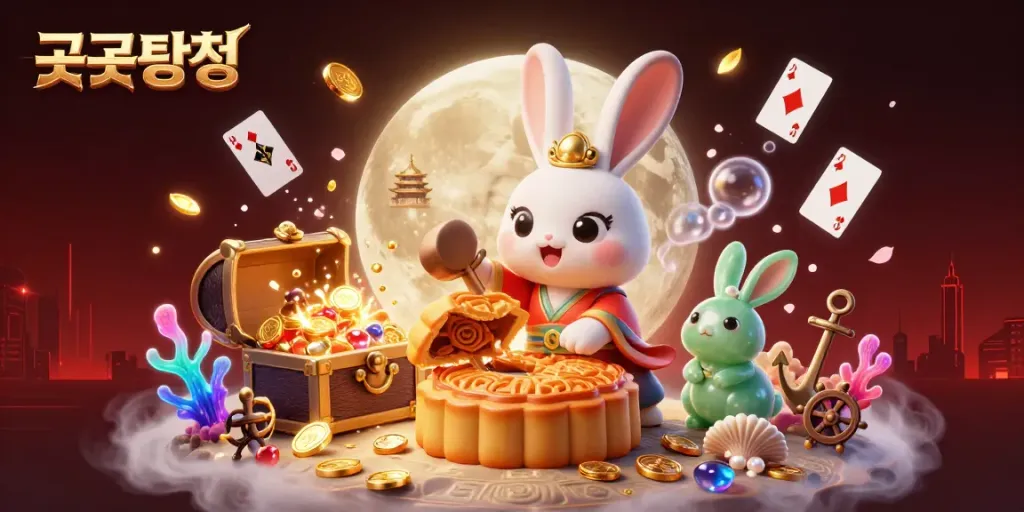 Using 굿탐정, the moon rabbit and jade rabbit reveal poker chips in a vibrant casino scene.