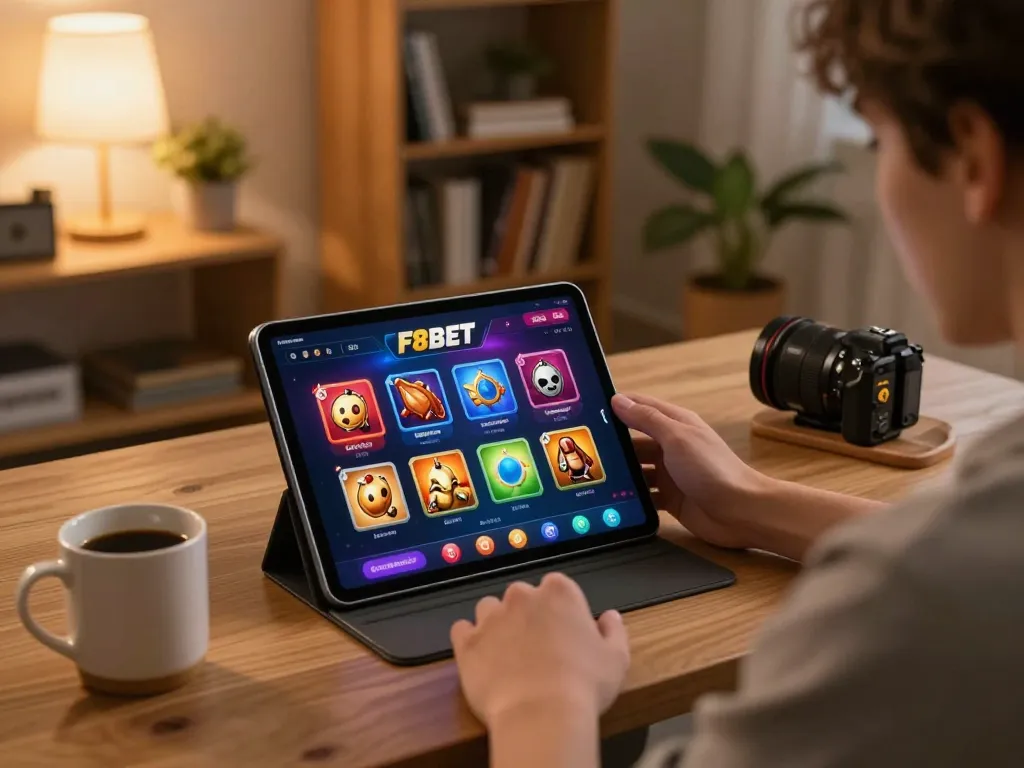 Player enjoying F8BET casino app on tablet amid cozy home setting with warm lighting and personal touches.