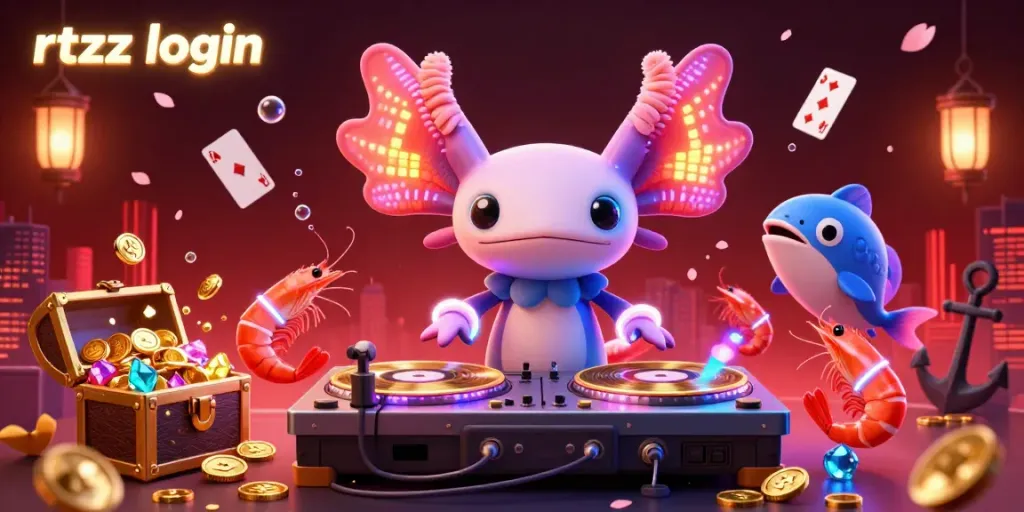 Engage in gaming excitement with RTZZ login as a vibrant, neon underwater scene unfolds.
