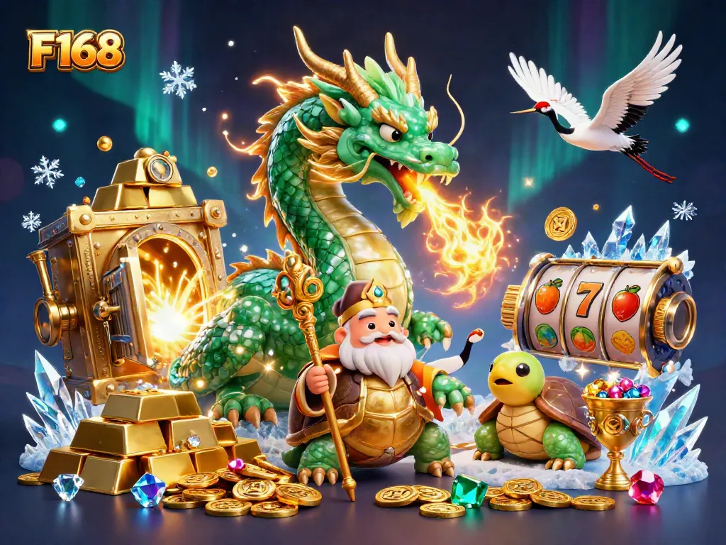 F168 gaming scene with a dragon and turtle sage symbolizing luck and fortune in a casino