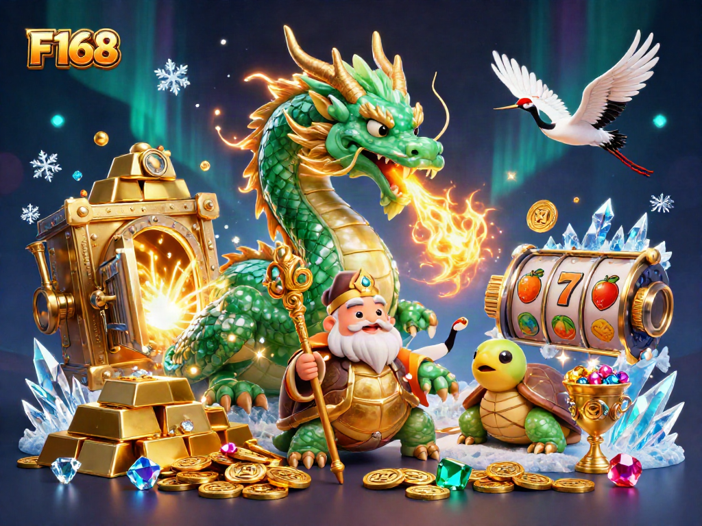 F168 gaming scene with a dragon and turtle sage symbolizing luck and fortune in a casino