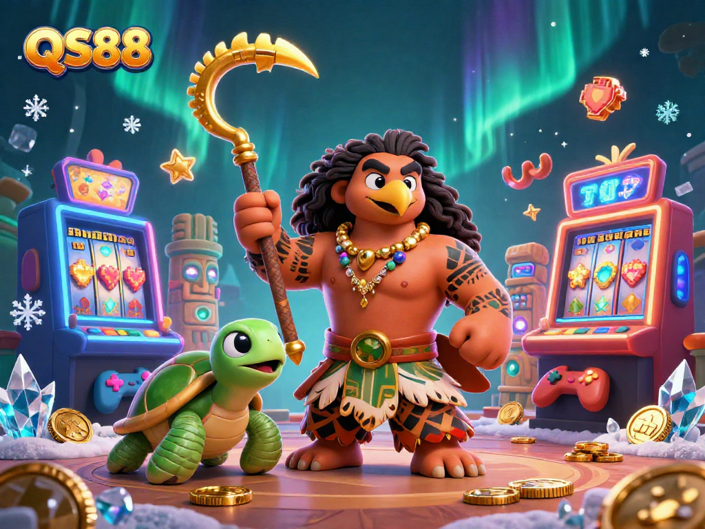 Experience thrilling slots action with QS88’s vibrant 3D casino scene, showcasing demigod characters and gaming elements.