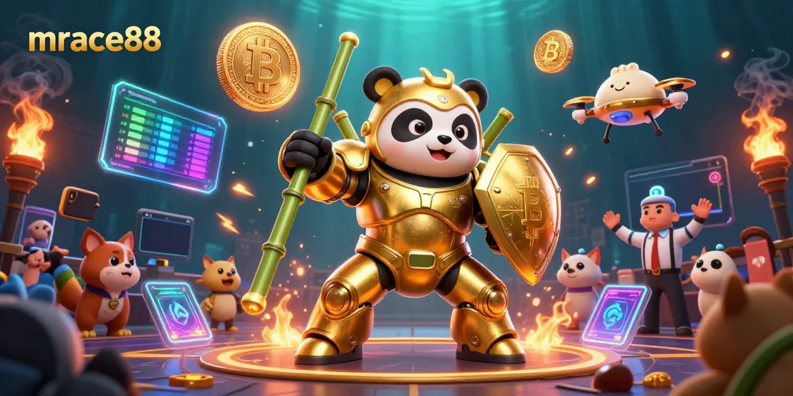 Engage in thrilling play at mrace88 with a golden panda in a mech suit amidst a vibrant casino backdrop.