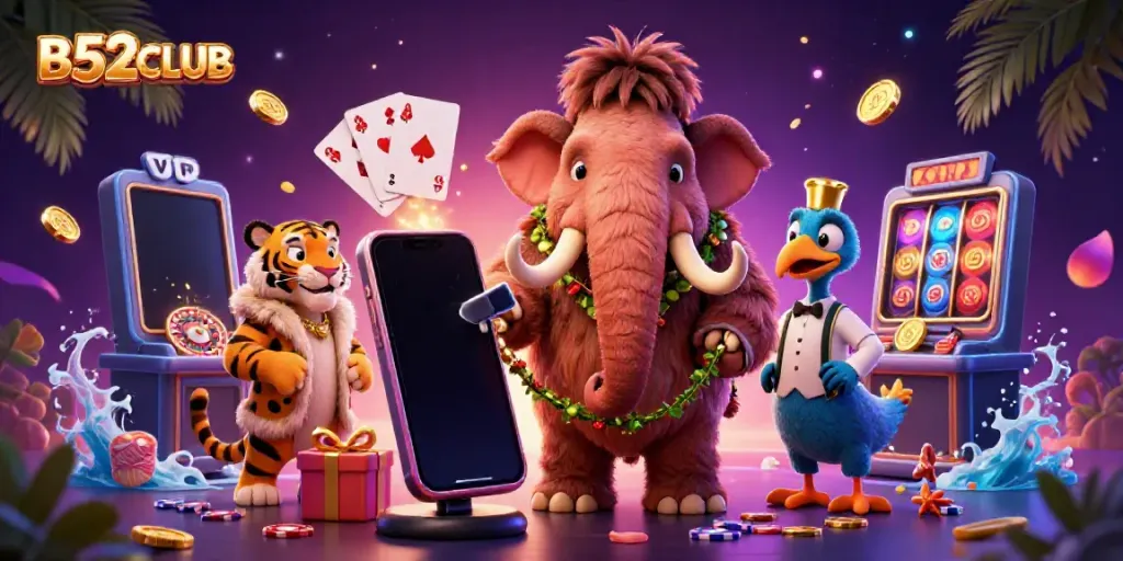 Engage with B52CLUB's vibrant casino scene featuring a woolly mammoth bouncer and slot gaming elements.