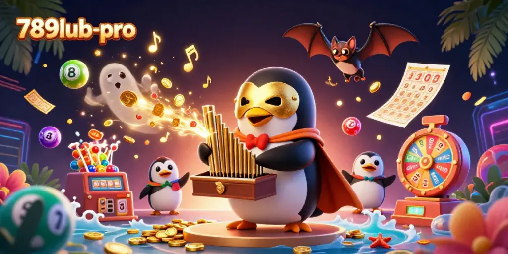 Experience excitement with 789lub-pro as a cartoon penguin plays an organ shooting gold coins surrounded by vibrant casino elements.