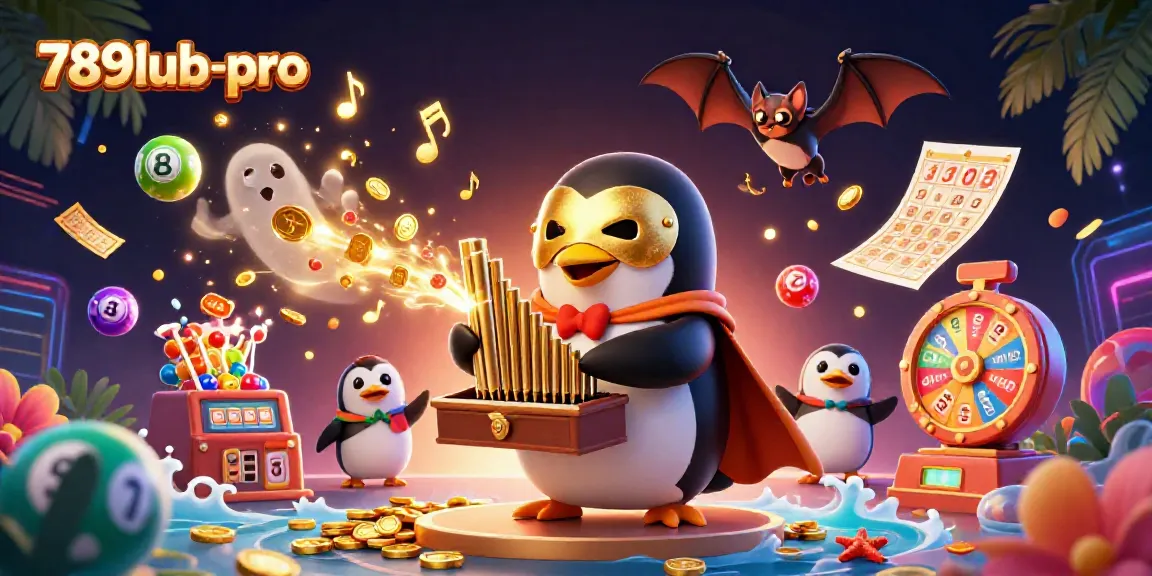 Experience excitement with 789lub-pro as a cartoon penguin plays an organ shooting gold coins surrounded by vibrant casino elements.