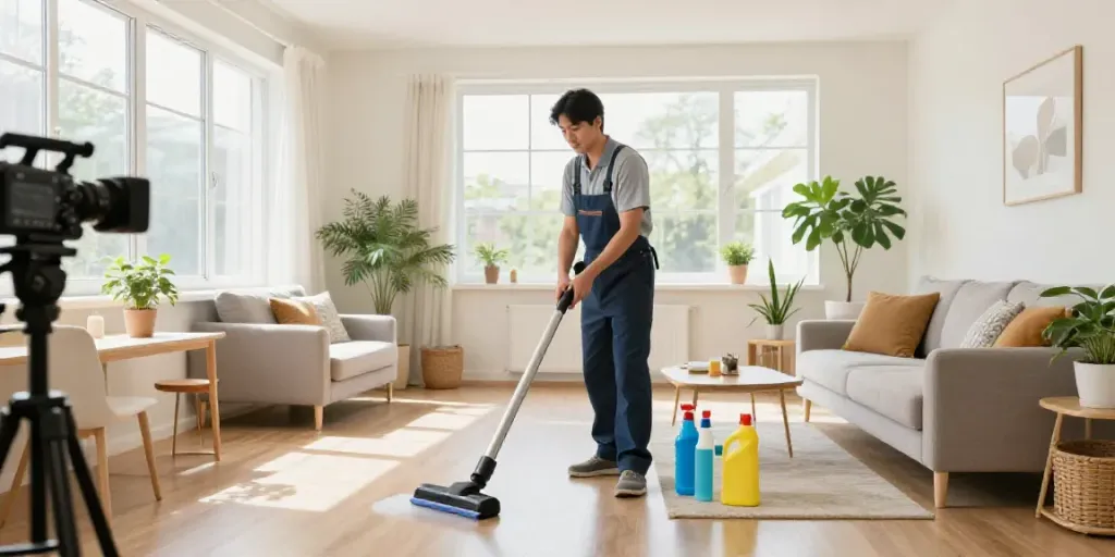 End of lease cleaning Melbourne with a professional cleaner in a pristine living room, highlighting impeccable cleanliness and organization.