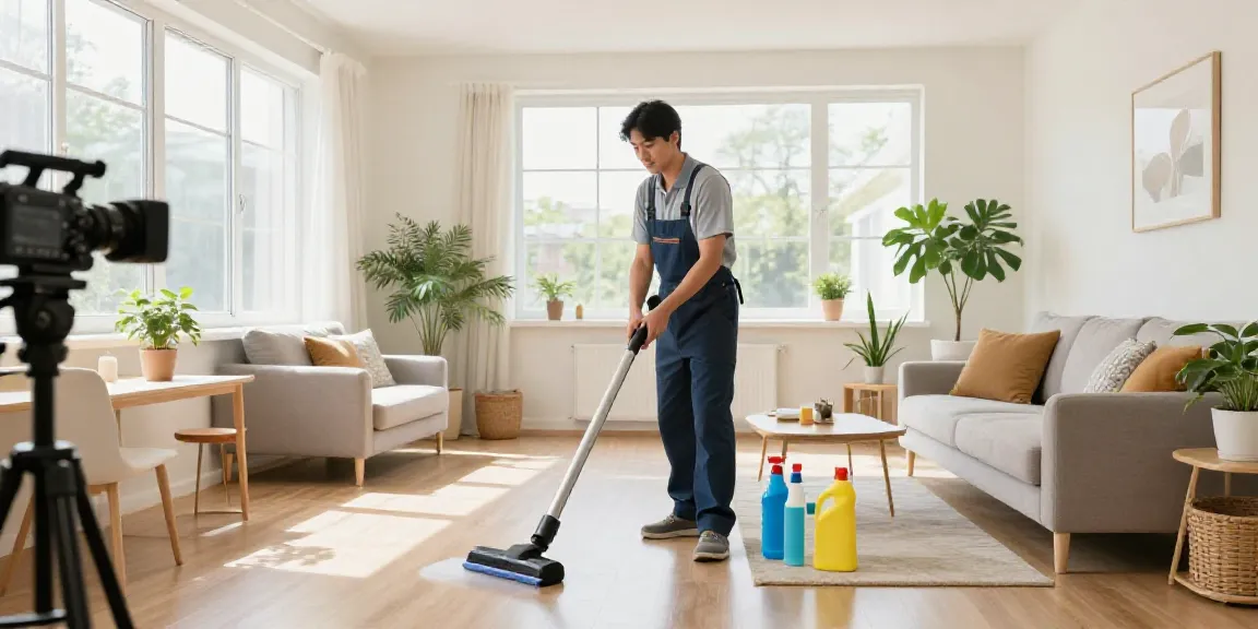 End of lease cleaning Melbourne with a professional cleaner in a pristine living room, highlighting impeccable cleanliness and organization.