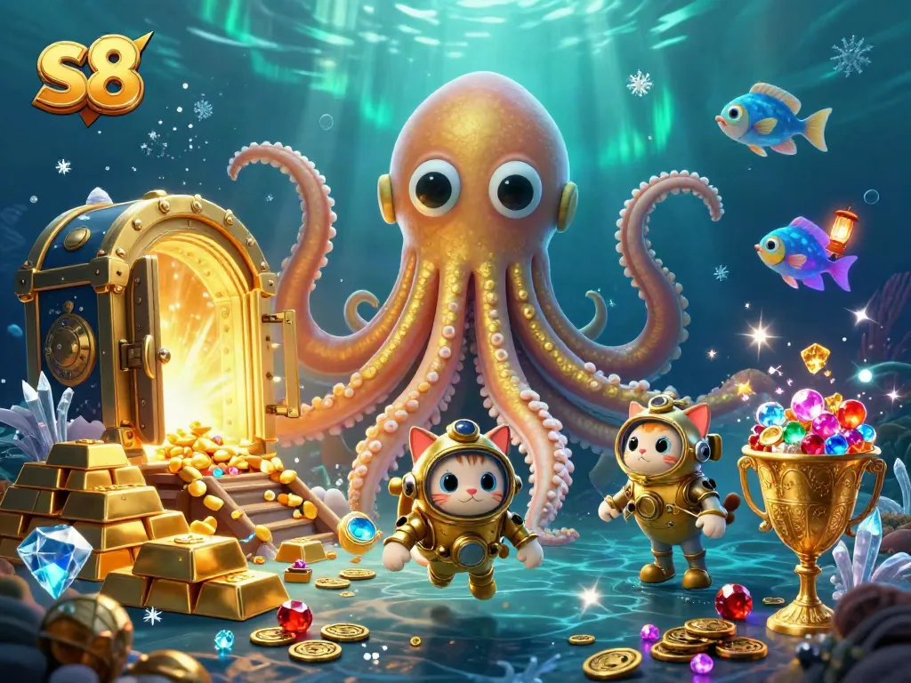 S8 gamers immerse in jackpot thrills with bioluminescent fish and treasure-filled kraken adventure.
