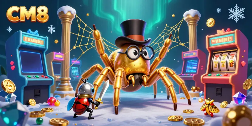 Experience CM8's vibrant casino adventure with a giant tarantula spinning gold, a brave beetle knight, and gaming elements.