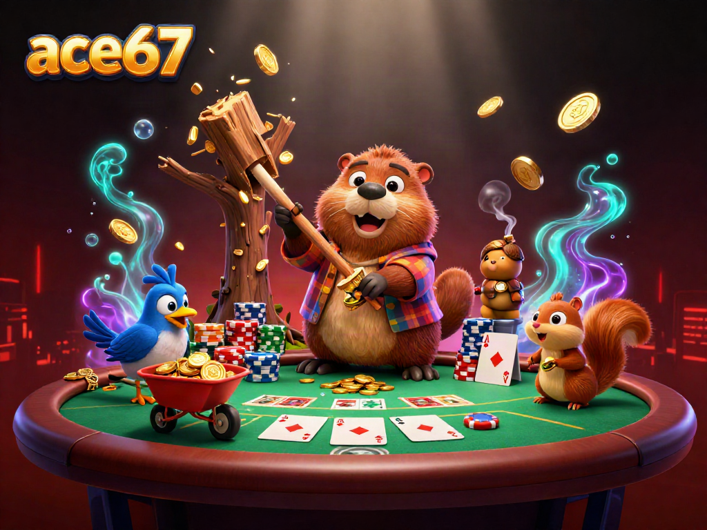 Experience exciting gameplay at ace67 with a cartoon illustration of a beaver, bird, and squirrel collecting rewards.