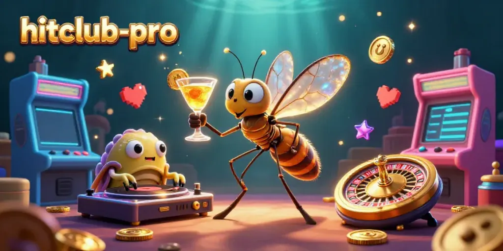 Experience excitement with hitclub-pro, featuring a vibrant casino scene with animated characters.
