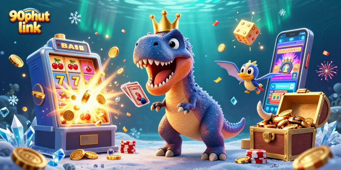 Engage with the exciting 90phut link scene featuring a T-Rex shuffling cards amidst overflowing treasure and dynamic casino elements.
