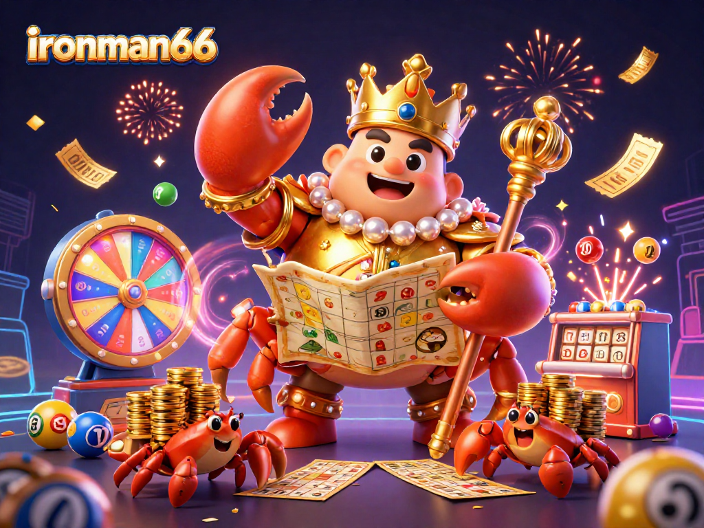 Experience exciting gameplay with ironman66’s vibrant casino-themed illustration featuring a golden crab emperor and dynamic game elements.