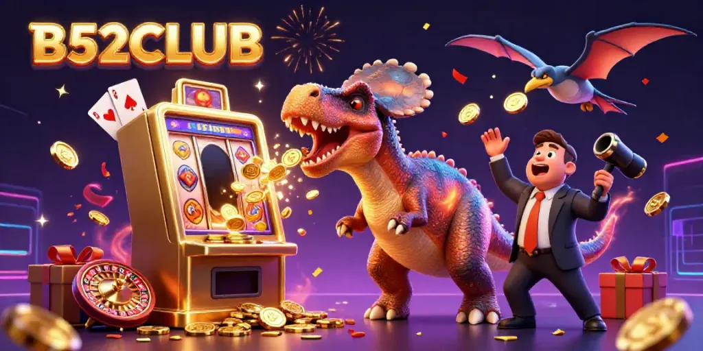 B52CLUB brings excitement as a dinosaur celebrates a jackpot win with flying coins in a vibrant casino scene.