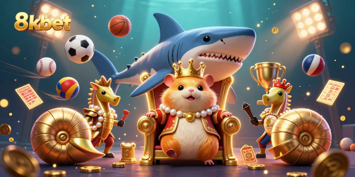 Experience the thrill of 8kbet with dynamic sports elements and a whimsical underwater scene featuring a hamster king.