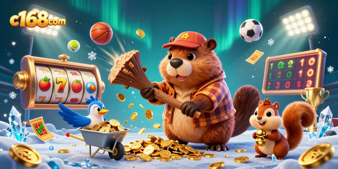 Engage with the thrilling world of c168com, where cartoon characters celebrate winning at slots amid dynamic sports elements.