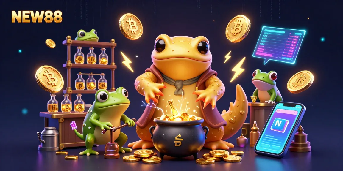 Win exciting prizes at NEW88 with this vibrant 3D scene of a golden salamander alchemist and crypto elements.