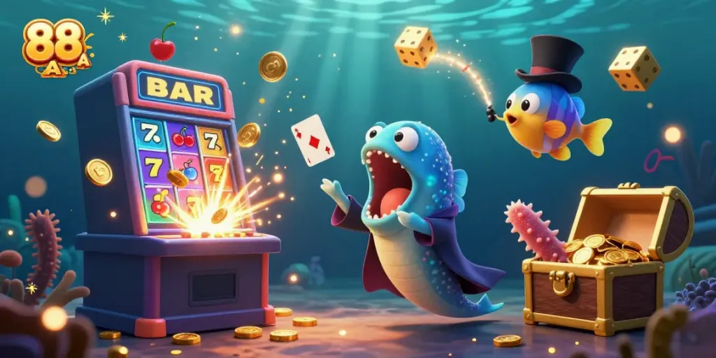 Engage with the thrill of 88 AA as cartoon characters perform magic amid slot machine riches.