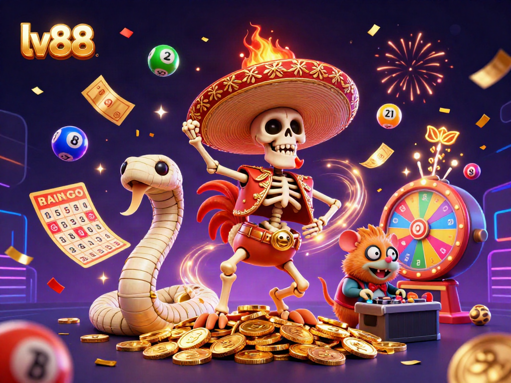 Engage with lv88 casino magic through a vibrant victory dance amidst colorful gambling elements.