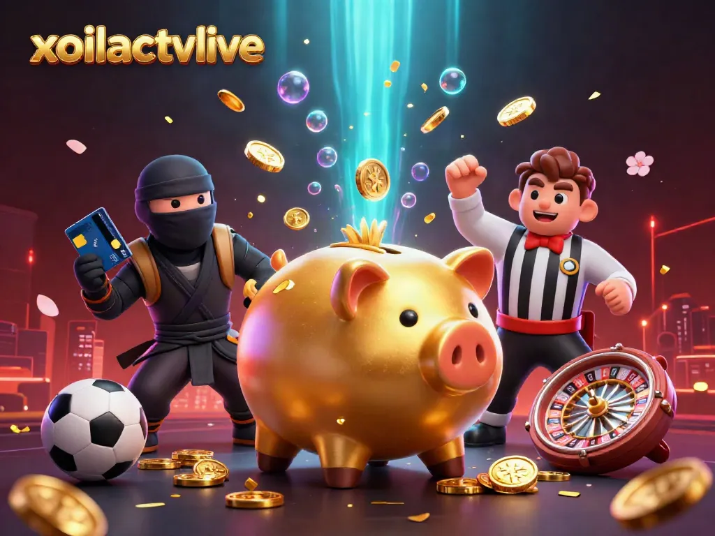 Xoilactvlive features a dynamic scene with a golden piggy bank sumo wrestler celebrating while betting on sports with vibrant elements.