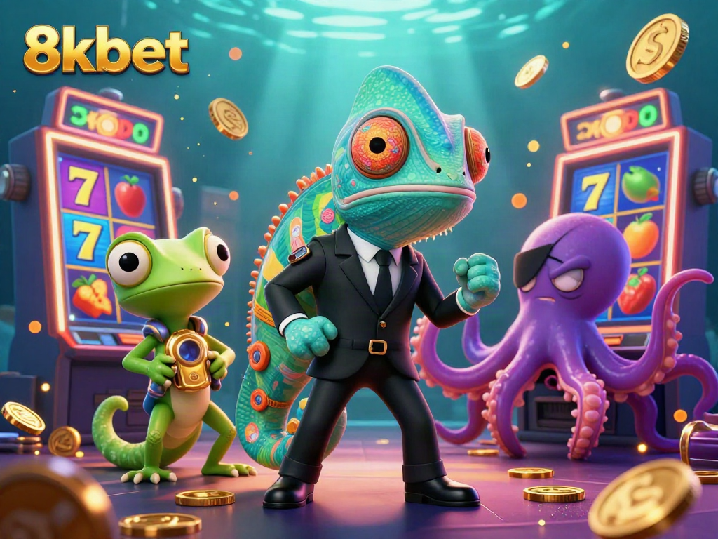 Experience slots and jackpots with 8kbet in a vibrant underwater adventure featuring a chameleon, tech-gecko, and octopus.