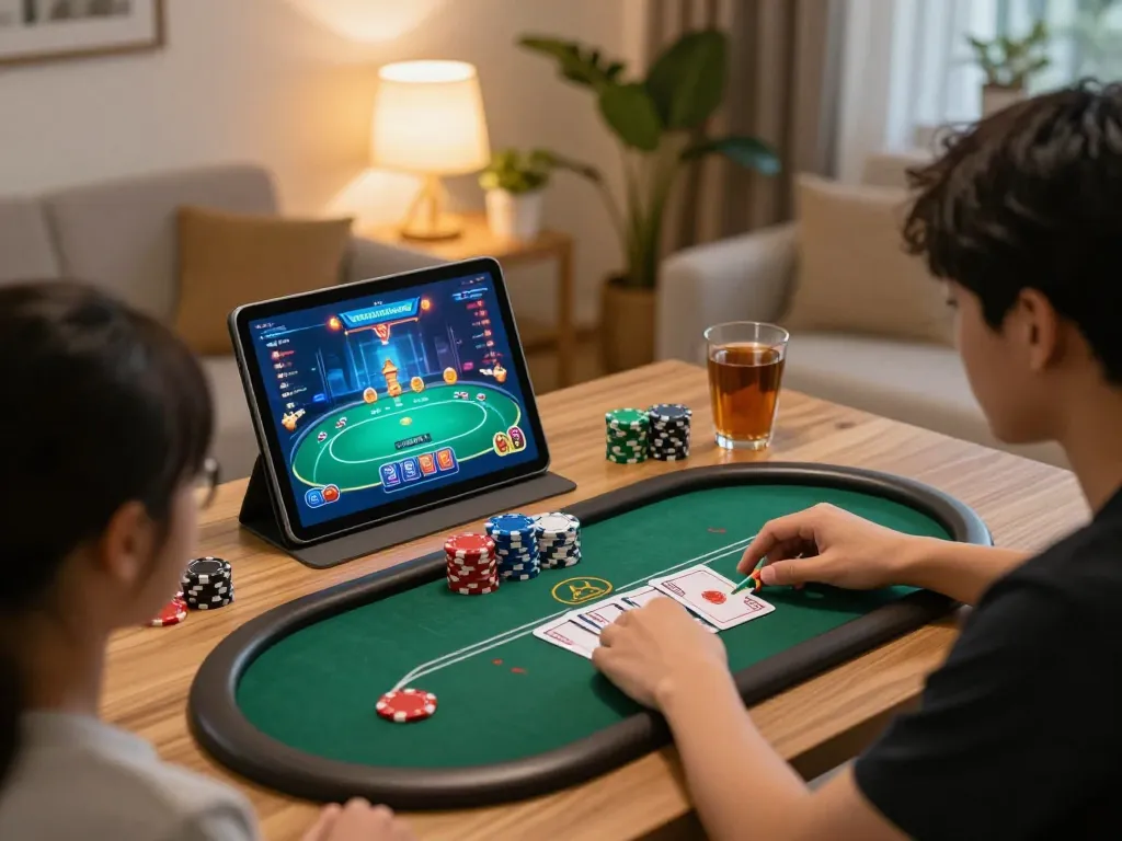 Engaging in gamebaidoithuong online poker at home with a tablet in a cozy, well-lit environment