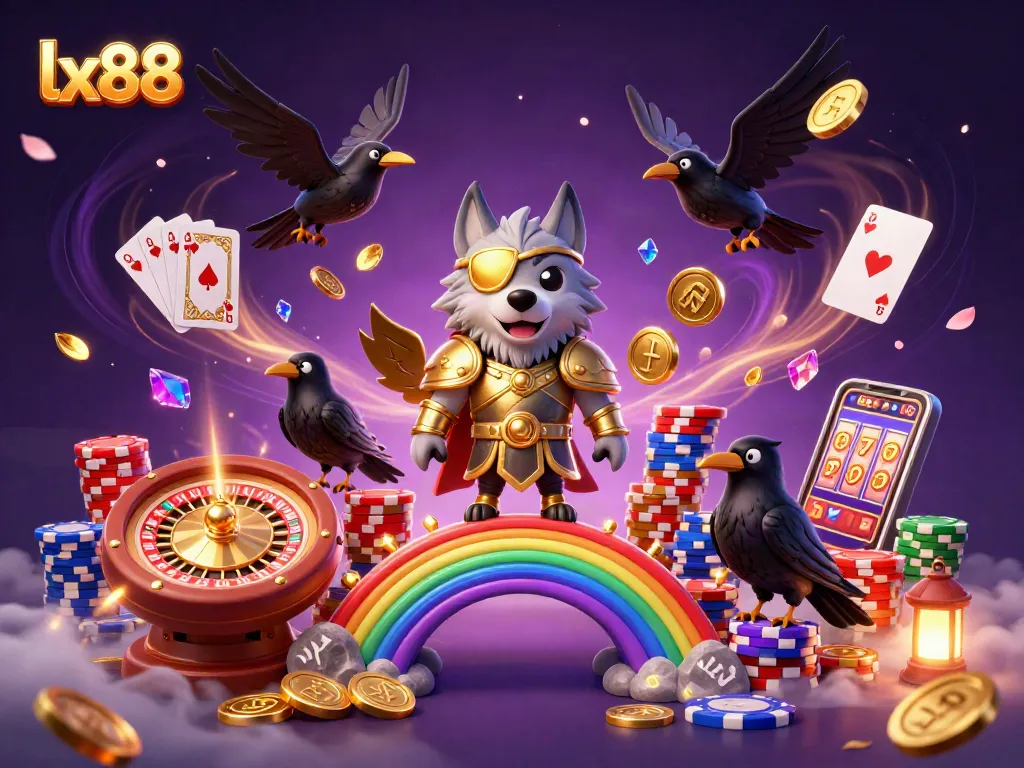 Experience the excitement of lx88 with Odin and ravens amidst cascading coins and slots.