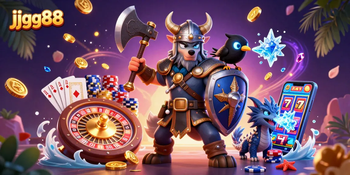 Experience action with jjgg88 as the Viking wolf warrior battles amidst cascading gold coins and vibrant casino elements.