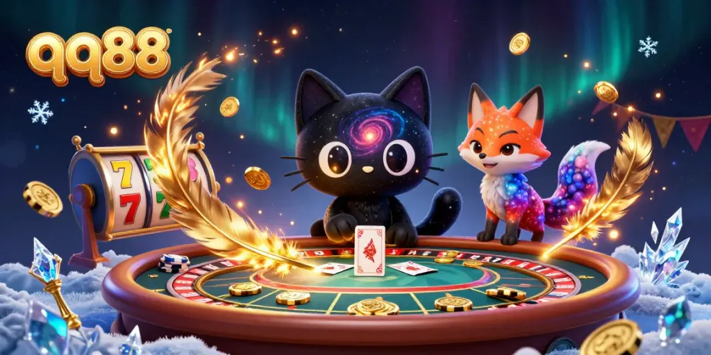 Engage in thrilling QQ88 casino adventures with a whimsical black hole cat and colorful gas cloud fox.
