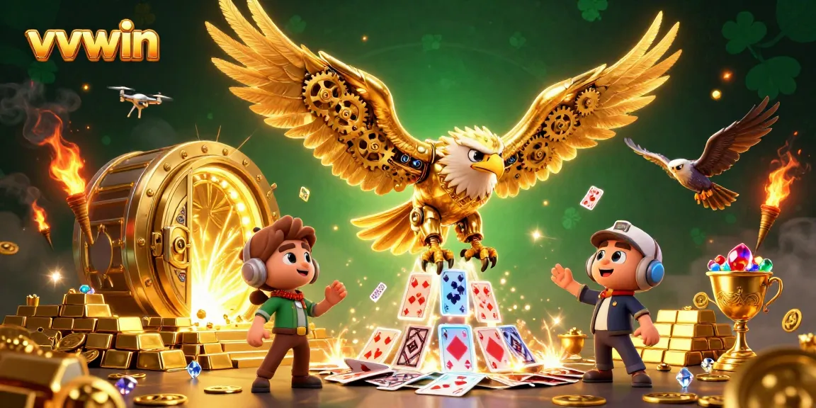 Experience thrilling plays at vvvwin with a golden eagle diving through holographic cards and treasure galore.