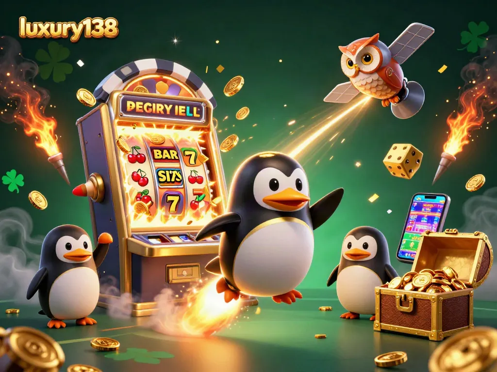 Experience exciting wins with luxury138 as a golden penguin blasts through a casino-themed space scene filled with vibrant game elements.