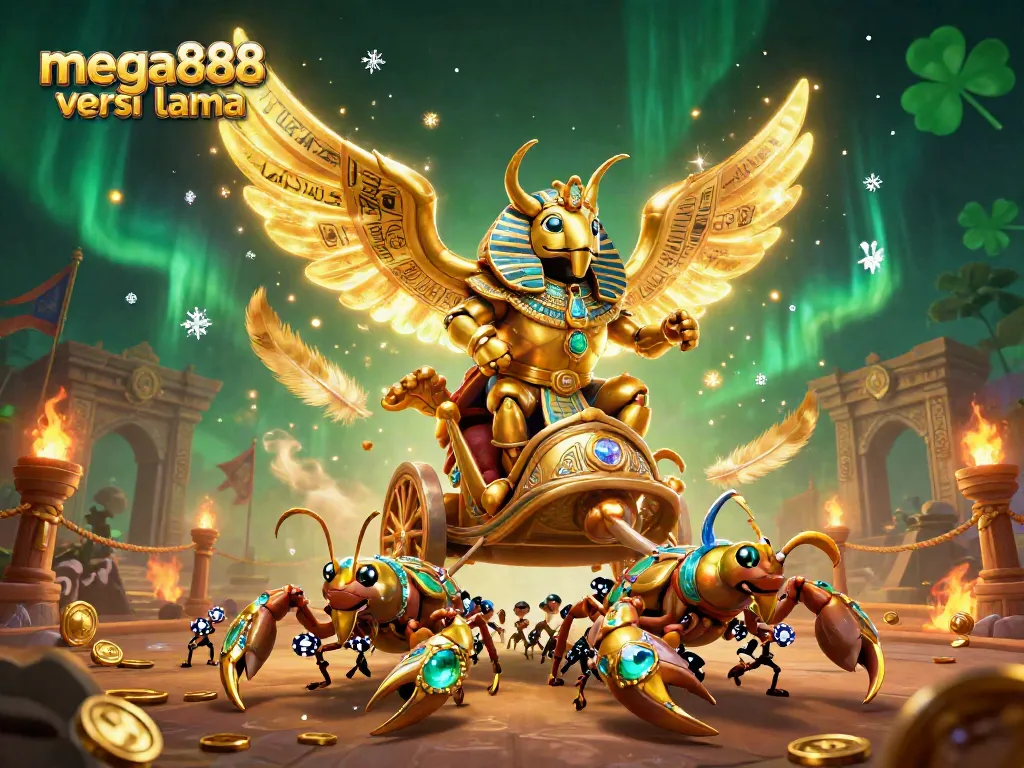 Play mega888 versi lama with engaging visuals of a colossal scarab beetle, scorpions, and poker chips amidst casino thrills.