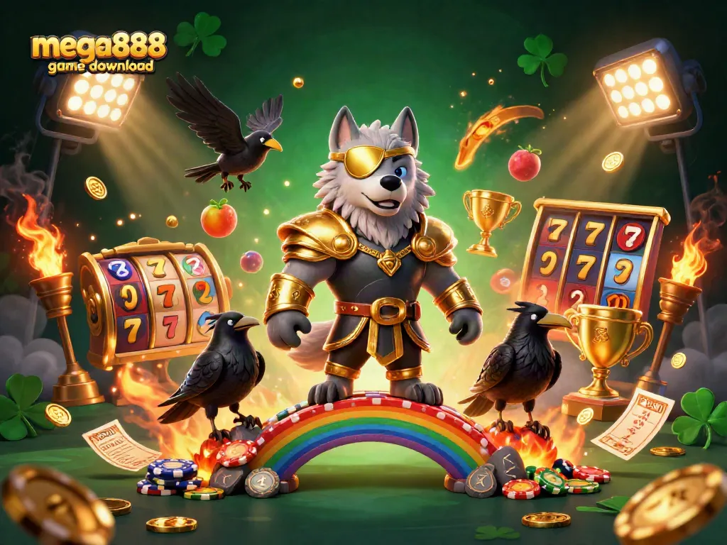 Mega888 game download featuring Odin wolf and ravens with vibrant casino elements.