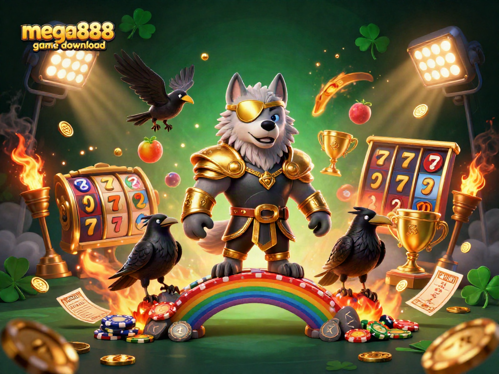 Mega888 game download featuring Odin wolf and ravens with vibrant casino elements.