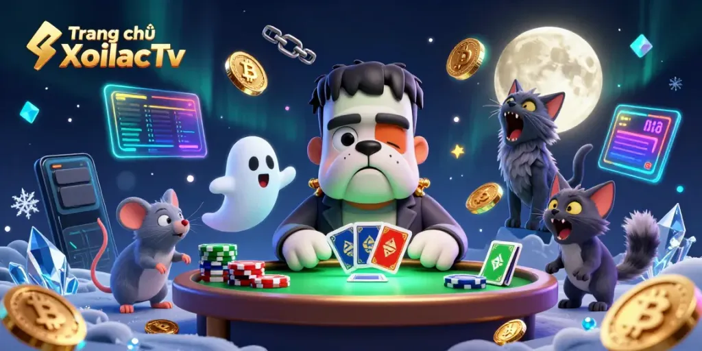 Experience thrilling card games at Trang chủ XoilacTv with a vibrant 3D illustration of a monster dealer amidst crypto elements.