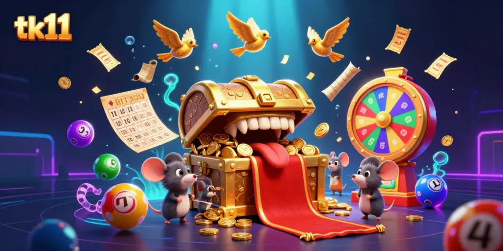 Engaging tk11 casino game scene with colorful lottery elements and adventurous cartoon characters.