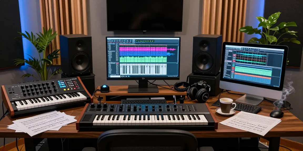 Musician using SC88 sound module in a modern music studio for creative production.
