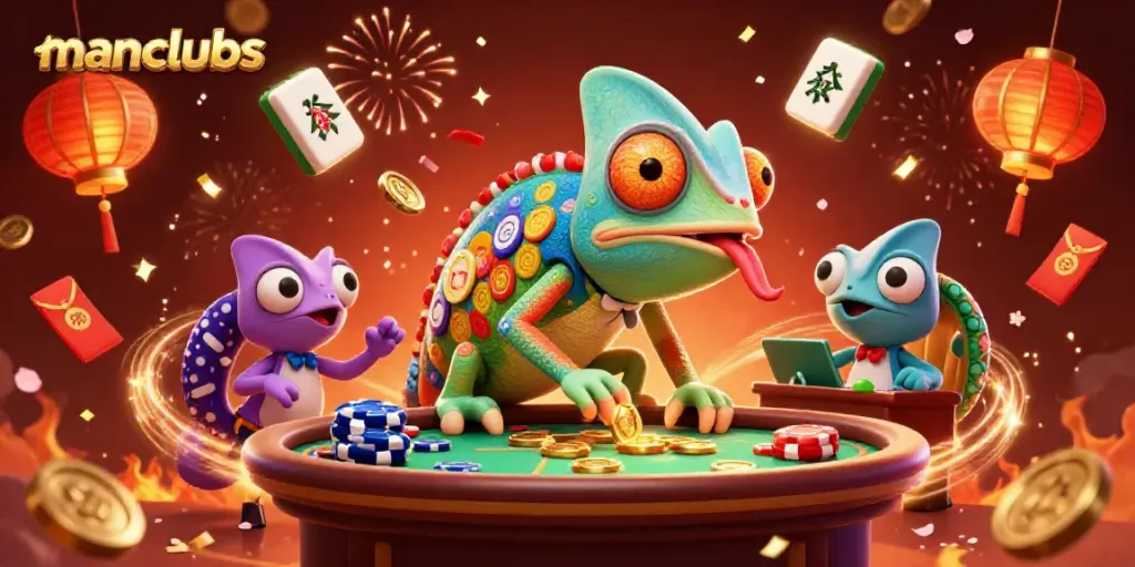 Experience the vibrant energy of manclubs casino with a colorful chameleon character and dynamic gaming elements.