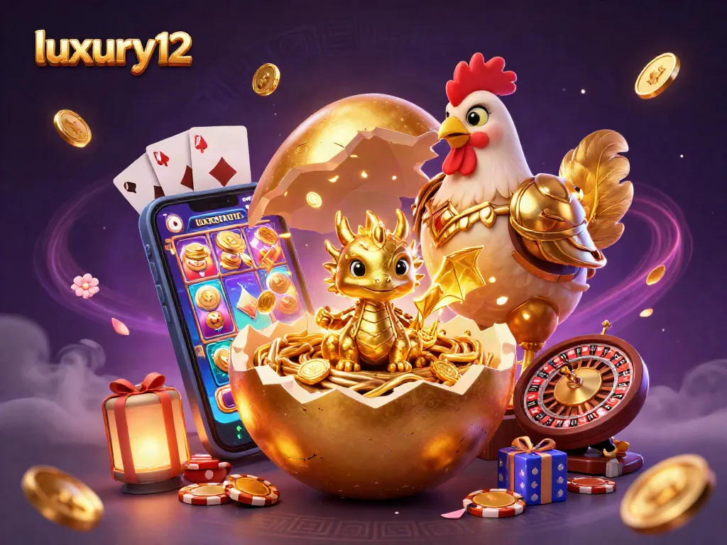 Spin to win with luxury12 as the golden dragon guards treasures of poker chips and festive gaming elements!