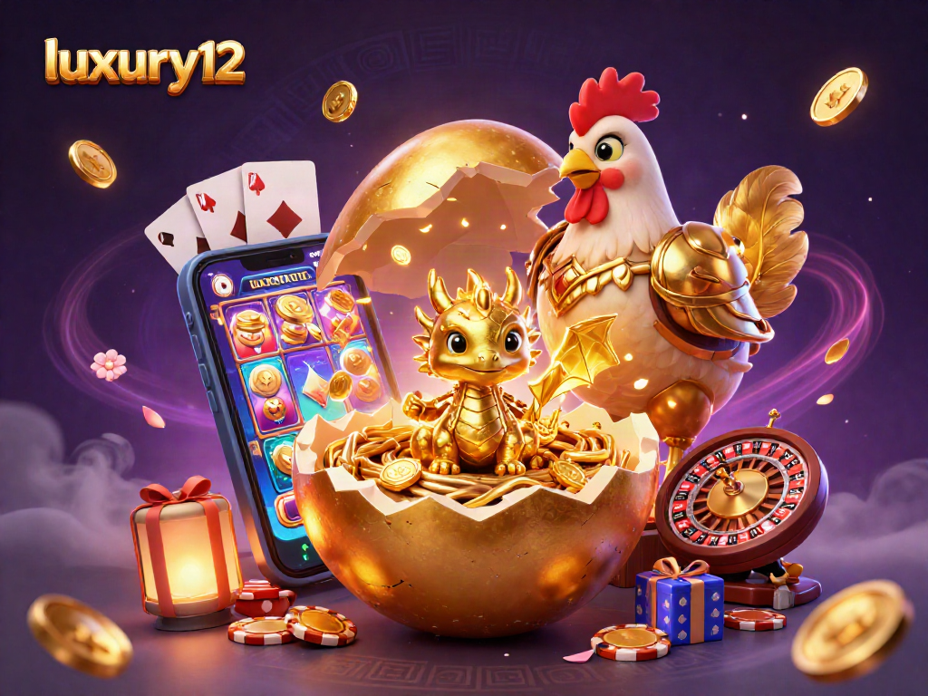 Spin to win with luxury12 as the golden dragon guards treasures of poker chips and festive gaming elements!