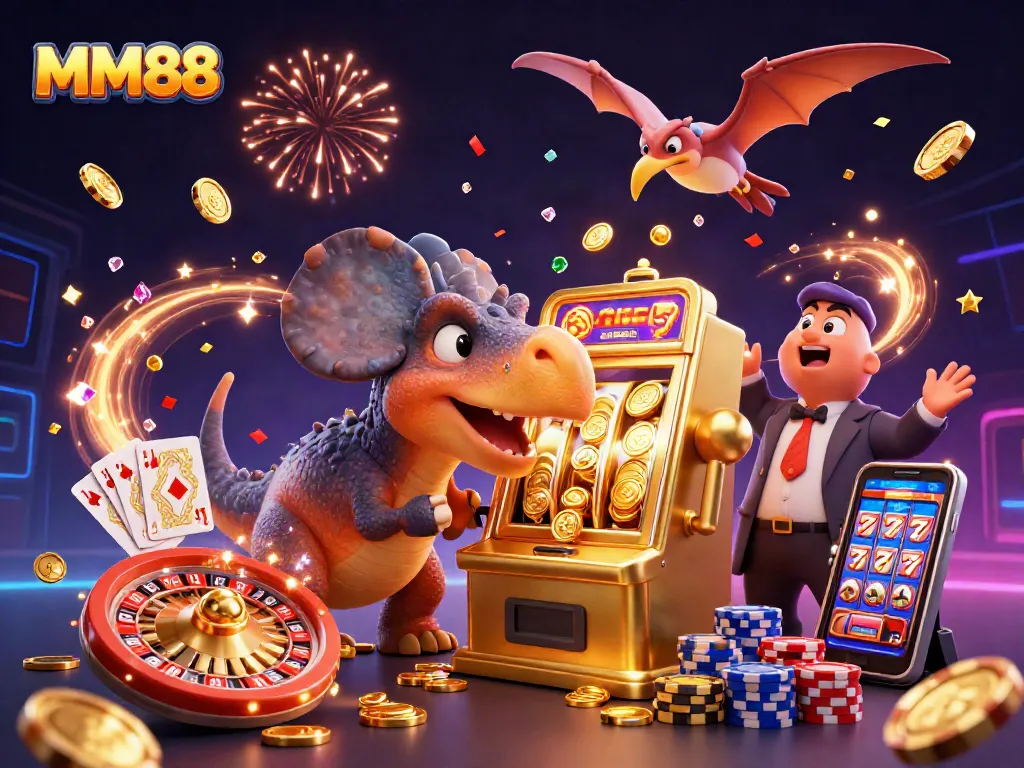 MM88 players enjoying jackpot wins with slot machines in a vibrant casino adventure scene.
