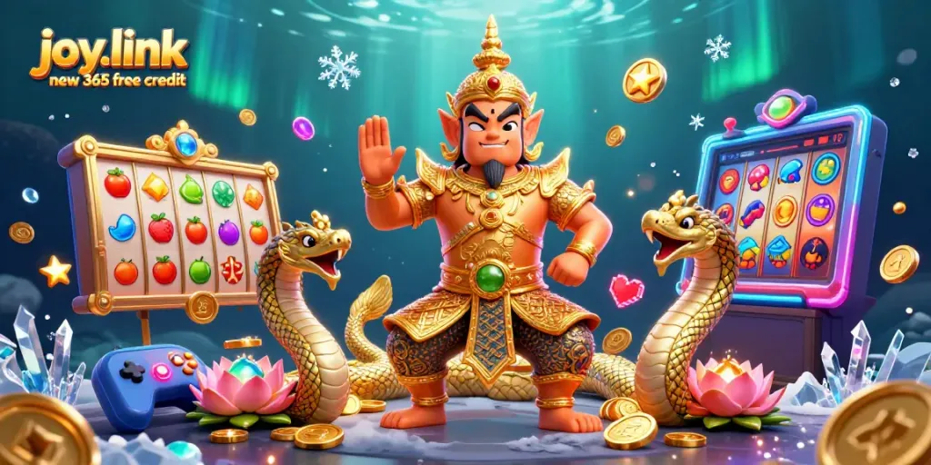 Spin the joy.link new 365 free credit slot reels in a vibrant 3D cartoon casino environment.
