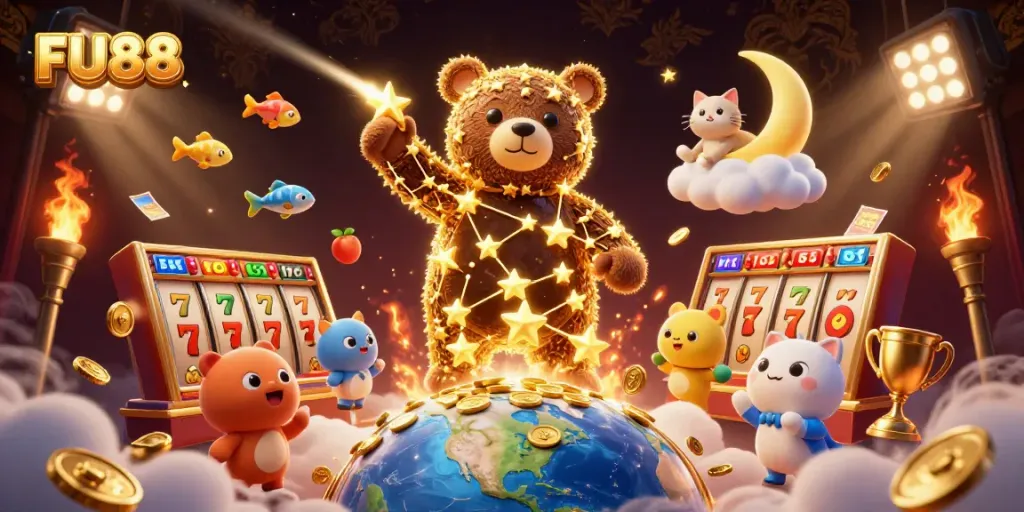 Experience the excitement of FU88 with a dazzling 3D illustration featuring gaming elements and vibrant characters.