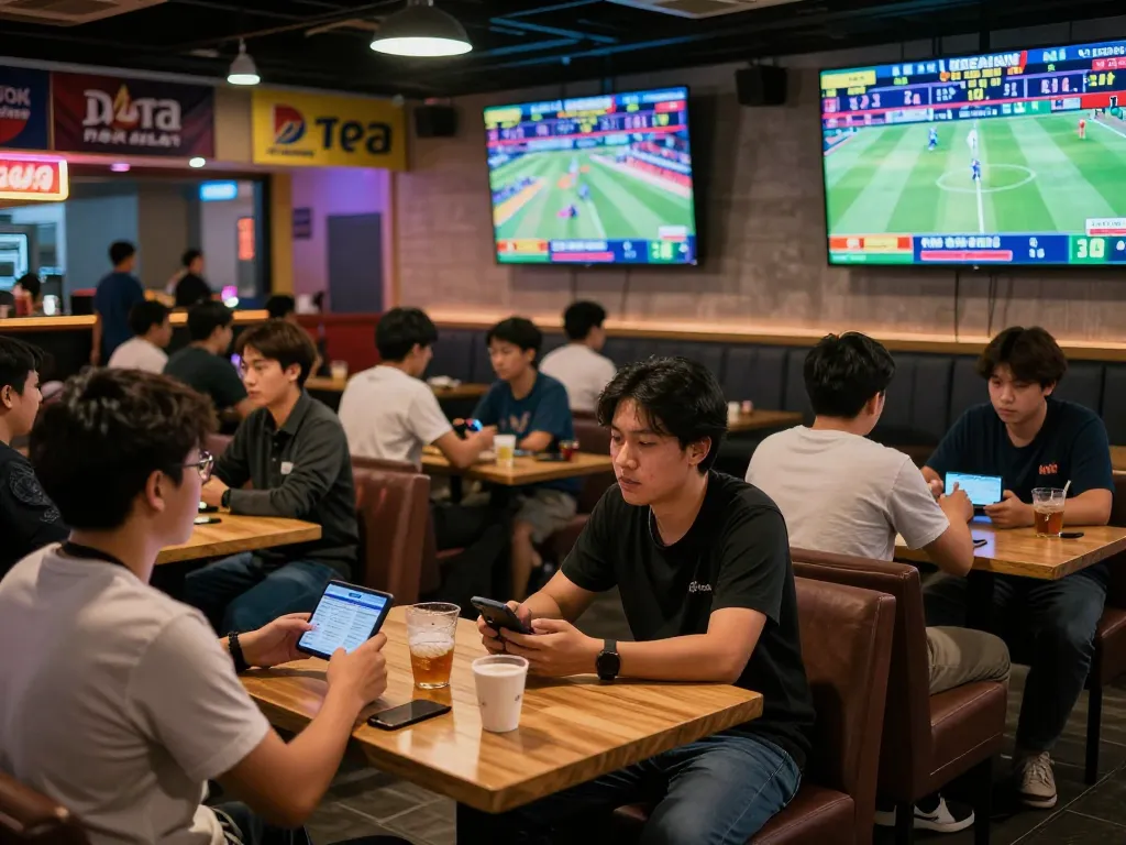 Fans actively placing kèo nhà cái hôm nay bets in a lively sports betting lounge, showcasing dynamic gameplay engagement
