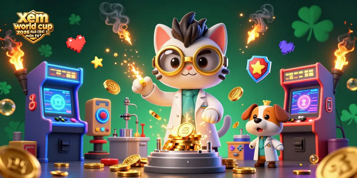 Experience xem world cup 2026 full hd miễn phí with exciting visuals of a gaming scene featuring a mad scientist cat and lab dog.