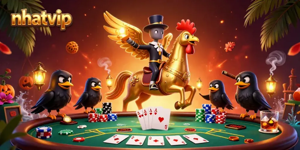 Nhatvip showcases a dynamic nighttime casino scene featuring a golden rooster headless horseman and festive characters.