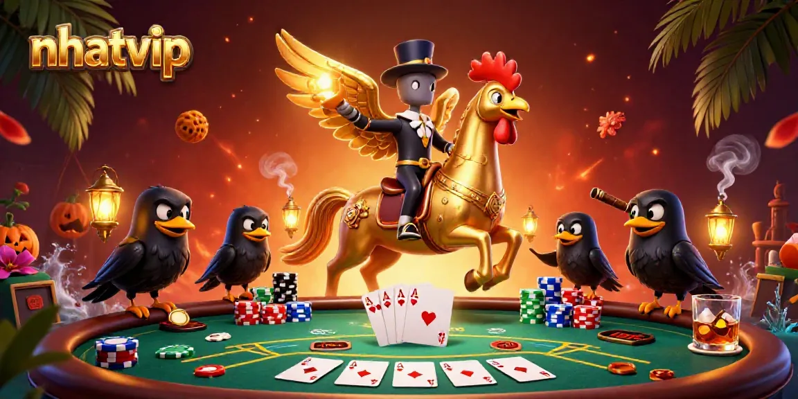 Nhatvip showcases a dynamic nighttime casino scene featuring a golden rooster headless horseman and festive characters.