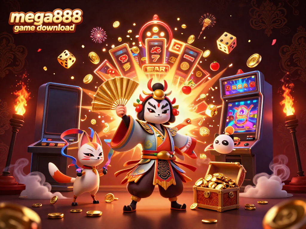 Experience mega888 game download with a vibrant 3D scene featuring dynamic characters and gaming elements.